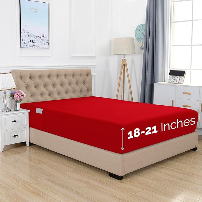 Elegant Comfort 1500 Premium Hotel Quality 18-21 Inches Deep - Extra Deep Pocket Single Fitted Sheet for High Mattress, Luxury and Softest, Smart Pocket - Wrinkle Free, Twin/Twin XL, Red