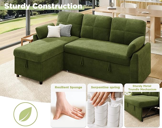 VanAcc Sleeper Sofa, Sofa Bed with Storage Chaise, Convertible Sofa Bed with Pull Out Couch, l Shaped Couch for Living Room, Linen Green