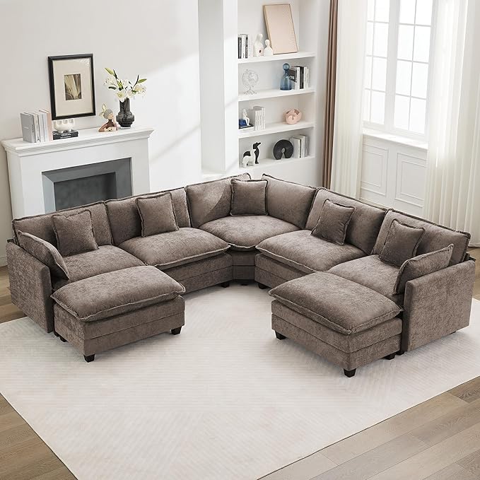 113'' V Shaped Cloud Sectional Sofa, Oversized Deep Seat Couches for Living Room, Chenille Comfy Upholstered Modular Sectional Sofa Couch with 2 Movable Ottoman, Brown