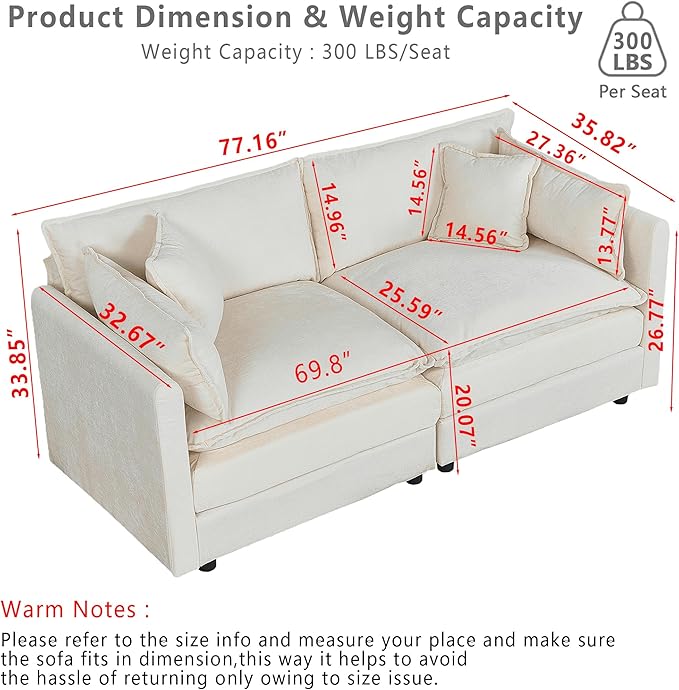 Setawix Chenille Loveseat Sofa Couch with Deep Seat,Large 2 Seater Cloud Couches for Living Room,77.16" Roomy Cloud Sofas,Modular Sectional 2 Seat Sofa with Pillows for Bedroom. (Beige, 2 Seater)