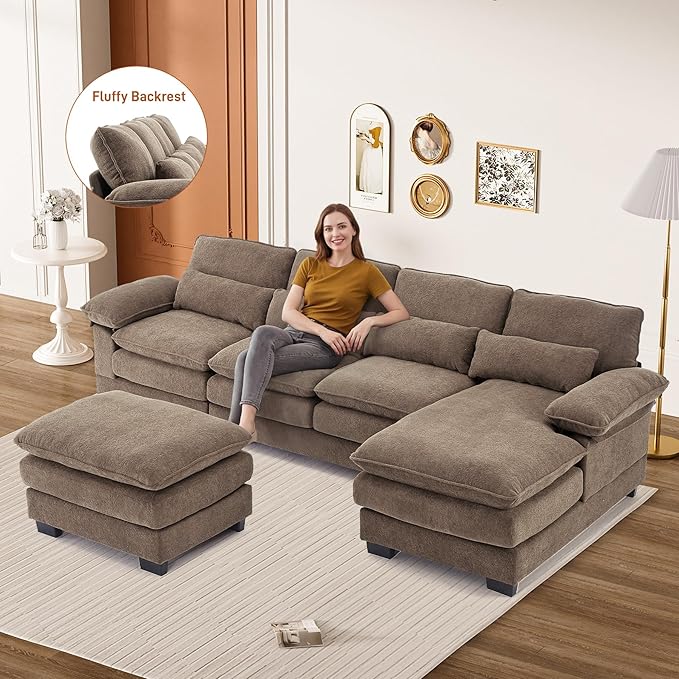 113" Cloud Couch Sectional Modular Sofa U Shaped Sectional Couches for Living Room Comfy 5-Seater Deep Seat Couch Chenille Cloud Sectional Sofa with Movable Ottoman & 4 Pillows, Brown