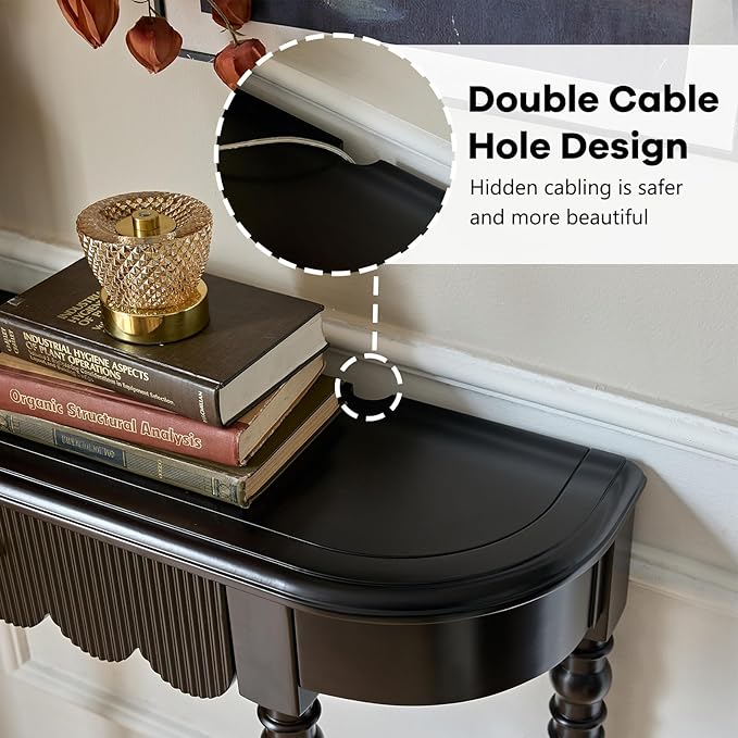 Solid Wood Console Table with Drawer – Black Entryway Table with Scalloped Edge and Straight Legs, Narrow Accent Sofa Table for Living Room or Hallway(Black)