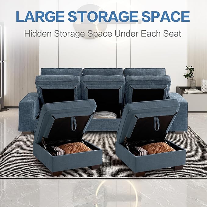 TEKAMON 100" Modular Sectional Sofa with Seats Storage, L Shaped Couch with Movable Ottoman for Living Room, Couch with Chaise, Solid Wood Frame, Spring Cushions, USB Port, Removable Covers, Blue