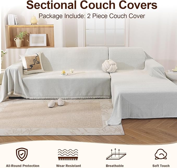 OstepDecor Sectional Couch Covers 2 Pieces, L Shaped Couch Cover Blanket, Sectional Sofa Cover Washable, Chaise Lounge Sofa Slipcovers Pet Furniture Protector for Dogs (71"x118"+71"x118", Beige)
