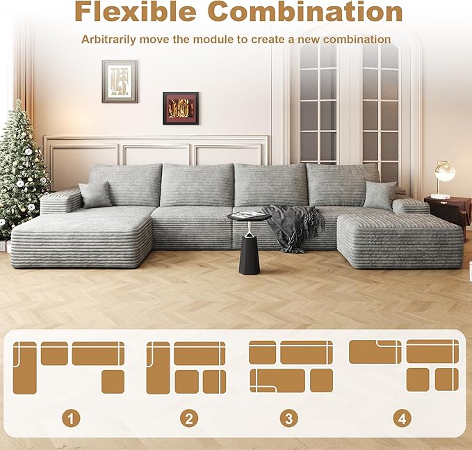136" Sectional Couches for Living Room Cloud Couch Sofa with L-Shape Upholstered Boneless Couchs Modern Modular Sectional Couch with Chaise (Grey, 136" Left Facing Chaise+3Seaters+Ottoman)