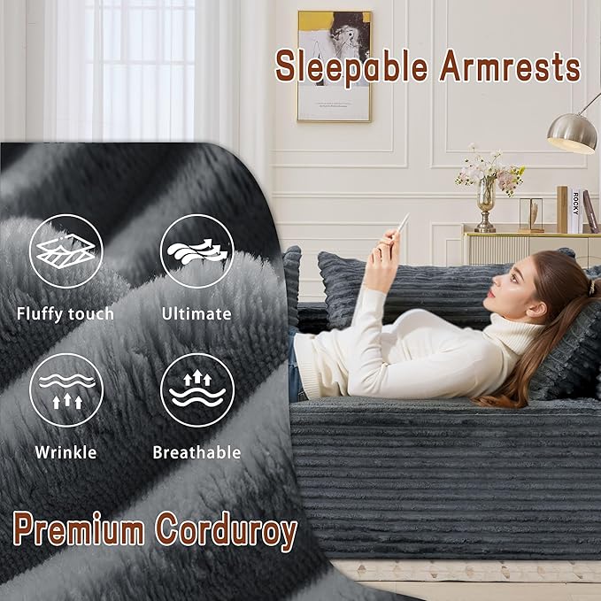 110" L-Shaped Modular Sectional Sofa with Chaise, Boneless Comfy Corduroy Fluffy Couch with Deep Seat and Side Pockets, Flexible Module Combination for Living Room, No Assembly, Side Pockets