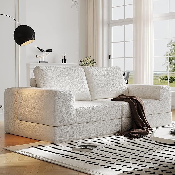 Cloud Modular Sectional Sofa, DIY Combination Modular Couch for Living Room, Unique Knitted Fabric Love Seat Couches with 2 Pillows, 2 Seater Comfy Sectional Couch with No Assembly (Beige)