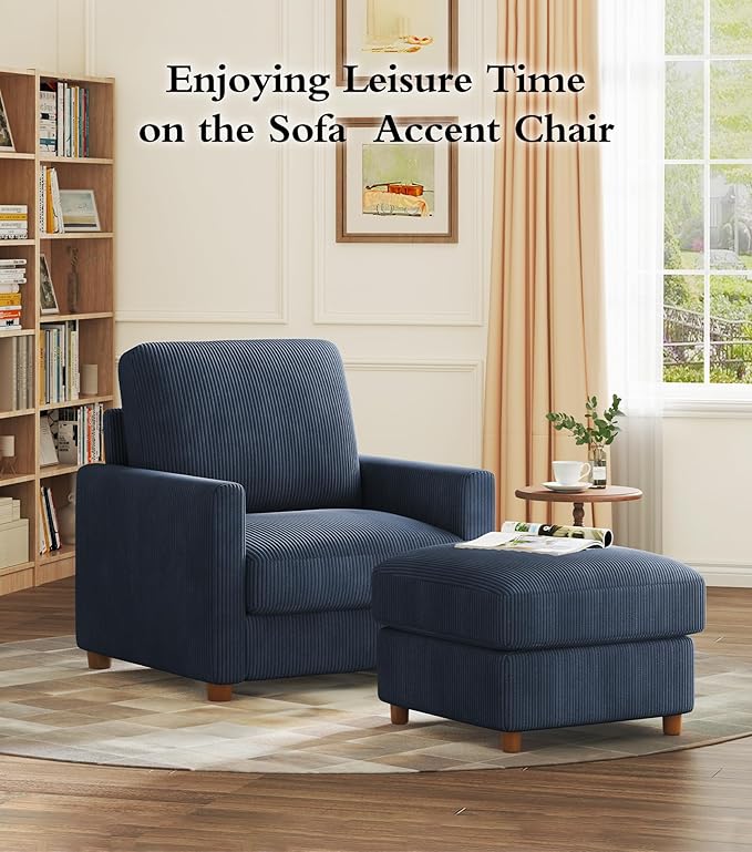 Kidirect 35.5in Oversized Accent Chair, Easy to Assemble Living Room Chairs, Corduroy Reading Chair for Bedroom, 22.5in Deeper Seats Accent Chairs for Living Room, Comfy Armchair Reading Nook, Blue