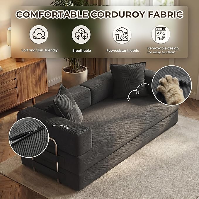 78 Inch Convertible Sofa Bed, 5-in-1 Futon Sofa Bed Pull Out Couch, Boneless Couch Bed for Living Room, Corduroy Boneless Couches for Bedroom, Apartment, No Assembly Sleeper Sofa Bed, Gray | 4 Fixed-Shape Frame, Removable Corduroy, High-density foam, W...