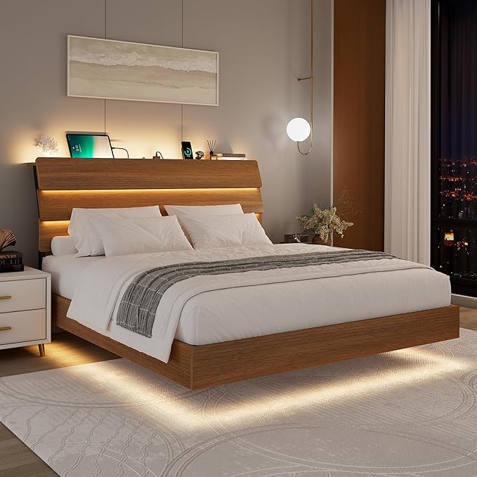 Feonase Floating Bed Frame Full with Led Lights and Charging Station, Wood Full Size Bed Frame with Storage Headboard, Heavy Duty Metal Slats, No Box Spring Needed, Easy Assembly,Walnut