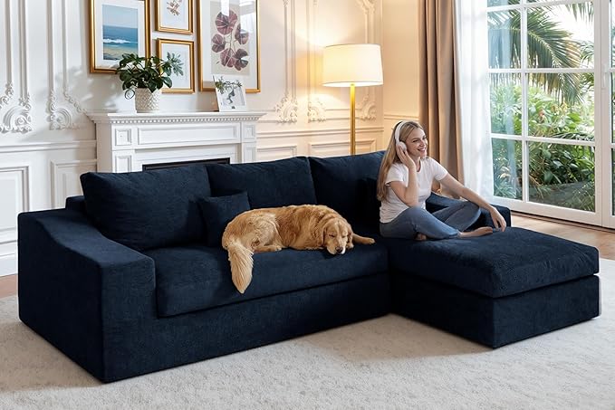 HABUTWAY 101'' Modular Sectional Sofa, Cloud Sectional Couches for Living Room, Comfy Boneless Couch with Deep Seat, Modern L-Shape Sofa with Chaise, No Assembly Required (Blue, Right Facing Chaise)