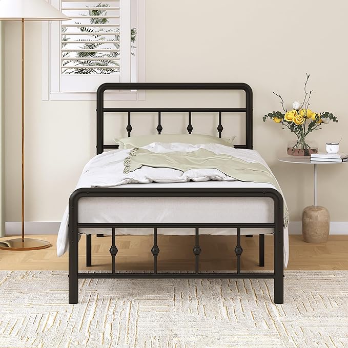 Richwanone 14 inch Twin Bed Frame with Headboard and Footboard, Heavy Duty Metal Bed Frame Victorian Style, No Box Spring Needed, Easy Assembly, Black