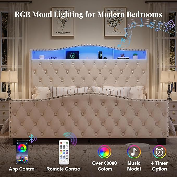 Belffin King Size Bed Frame and Headboard, 50.9" Velvet Upholstered Wingback Bedframe with LED Lights & Storage/Charging Station, Button Tufted Tall Footboard, No Box Spring Needed, Noise-Free, Beige