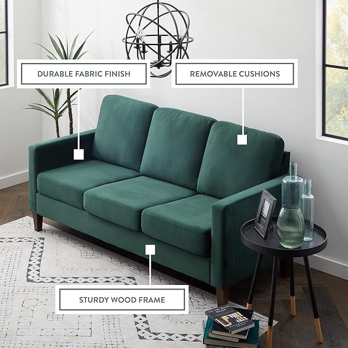 Edenbrook Archer Upholstered Sofa - Seats Three - Straight Arm Modern Design, Green Velvet