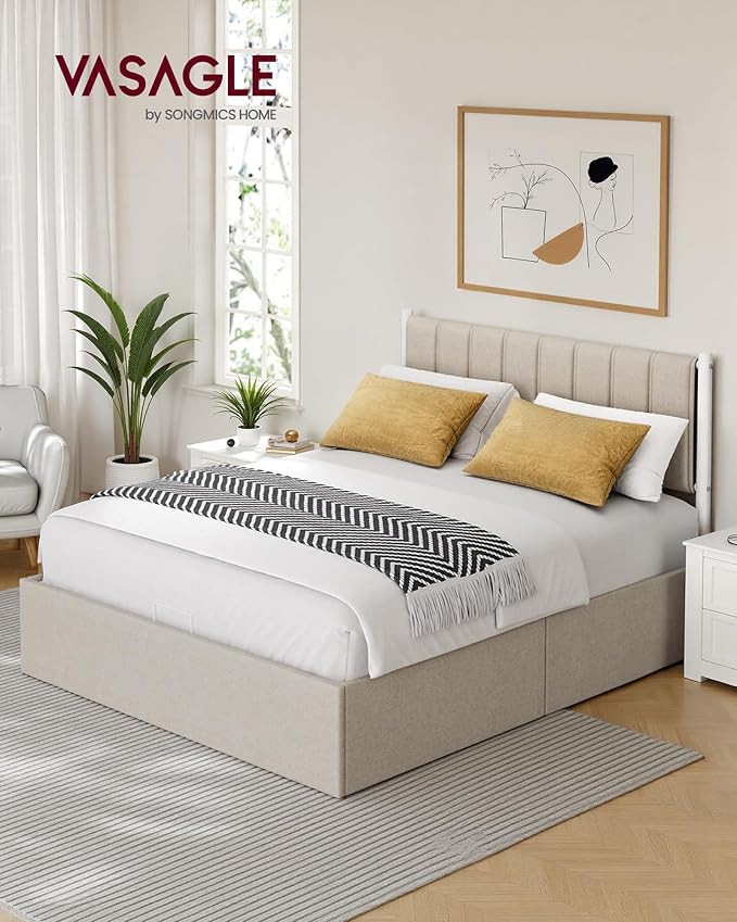 VASAGLE Lift Up Storage Bed Frame Queen Size, Hydraulic Platform Bed, with Upholstered Headboard, 1100 lb Weight Capacity, No Box Spring Needed, Easy Assembly, Modern, Cappuccino Beige URMB601W01V1