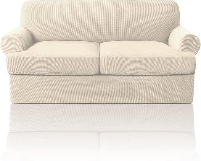 PrinceDeco T Cushion Loveseat Slipcover 3 Pieces Sofa Covers for T Cushion Sofa Stretch Slip Covers for 2 Cushion Couch with 2 Individual T Shape Seat Covers Width Up to 76"- Washable, Natural
