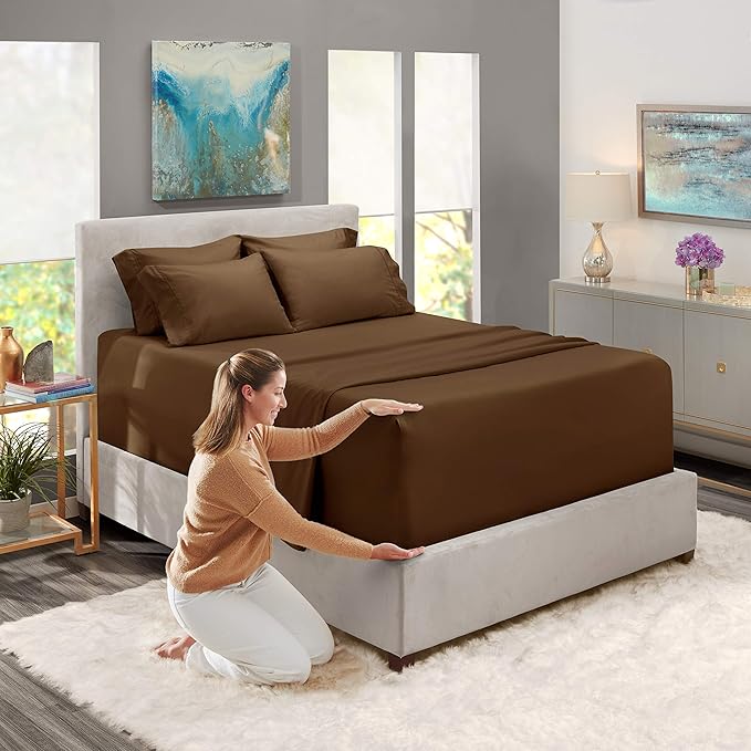 Hearth & Harbor Extra Deep Pocket Sheets - Fits Mattress 18-24 Inches Deep - Extra Deep Pocket California King Size - 6 Piece Cal King Sheets - Cal King, Brown