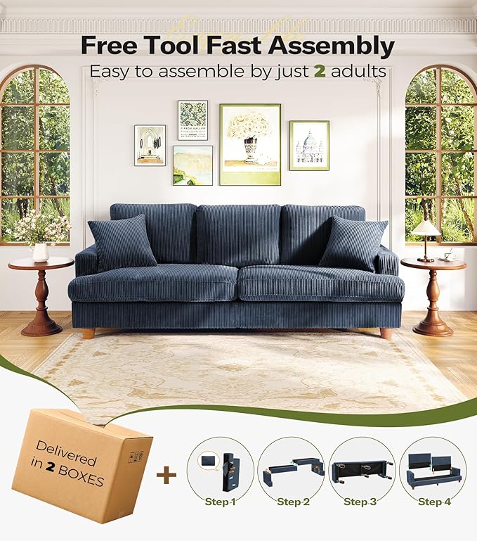 Kidirect 87in L Shaped Couch, Modular Sofa No Tool Assembly, Comfy Sectional Couches for Living Room 21in Deeper Seats, Corduroy Sofas for Living Room with 2 Pillows, Loveseat Sofa Set, Blue Couch | Comfy Corduroy, Oversized 87in Couch, 850LB Tough, To...