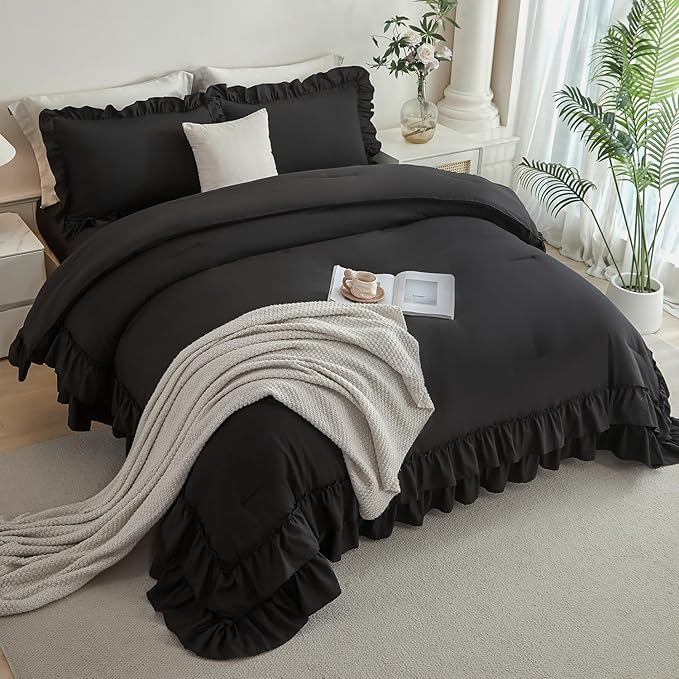 ANGIYUIN Black Queen Size Ruffle Bedding Set 5 Pieces Lightweight Double Ruffled Bed in A Bag Solid Farmhouse Comforter Sets Soft Microfiber Bed Set for Women Men(Black Queen)