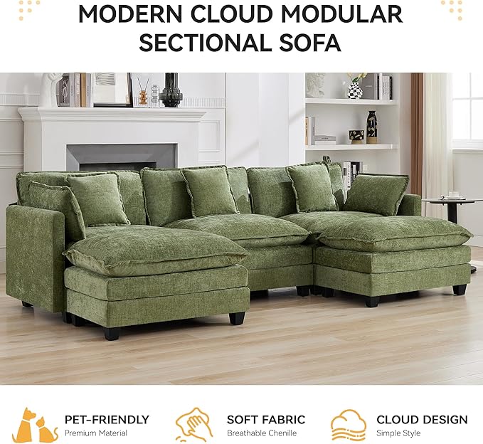 111'' Sectional Cloud Deep Seat Couch, Oversized Chenille U Shaped Sectional Sofa for Living Room Set, Comfy Upholstered Modular 3-Seats Sectional Sofa Couch with 2 Movable Ottoman, Green