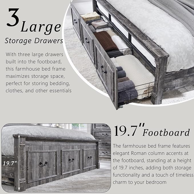 Aitjunz Farmhouse King Size Bed Frame with 51" Tall Headboard, Wood Platform Bed Frame with 20" Tall Roman Column Decoration Footboard & 3 Large Storage Drawers, No Box Spring Needed (Light Grey)