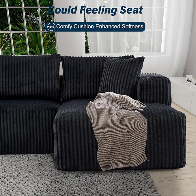 3 Seater L Shaped Sofa with Deep Seat, 101" Cloud Sectional Couch with Chaise, Cozy Modular Couches Sleeper, Oversized Corduroy Sofa for Living Room Bedroom Apartment, Black