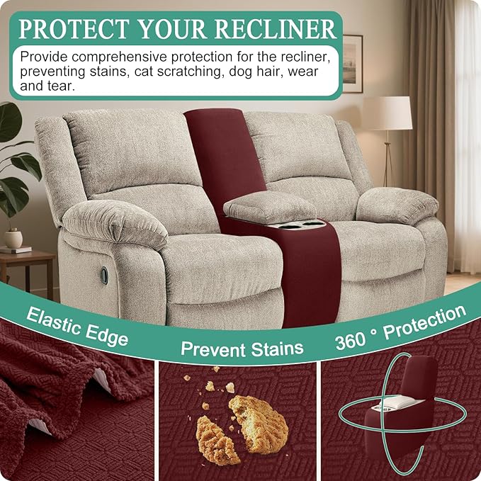 Waterproof Reclining Sectional Couch Covers Washable L Shaped Couch Cover for Sectionals Recliner Sofa Covers Stretch Corner Recliner Slipcovers for Dogs (Console Cover, Wine Red)