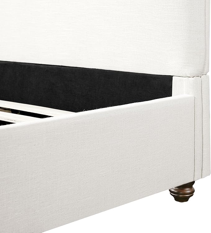 Christopher Knight Home Chenzi Linen Upholstered Queen Bed Frame with Headboard and Footboard, Wooden Platform Queen Size Bed Frame and Double-Layer Oval Legs, No Box Spring Needed, White