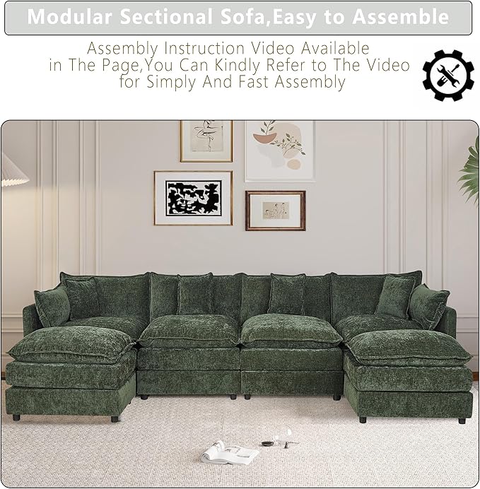 Setawix Deep 4 Seater Couch with Ottomans,147.22" U-Shaped Cloud Couches for Living Room,Chenille Cloud Sofa Couch with Foorest,Modular Sectional U Shape 4 Seat Sofa for Bedroom (Green, 4+2)