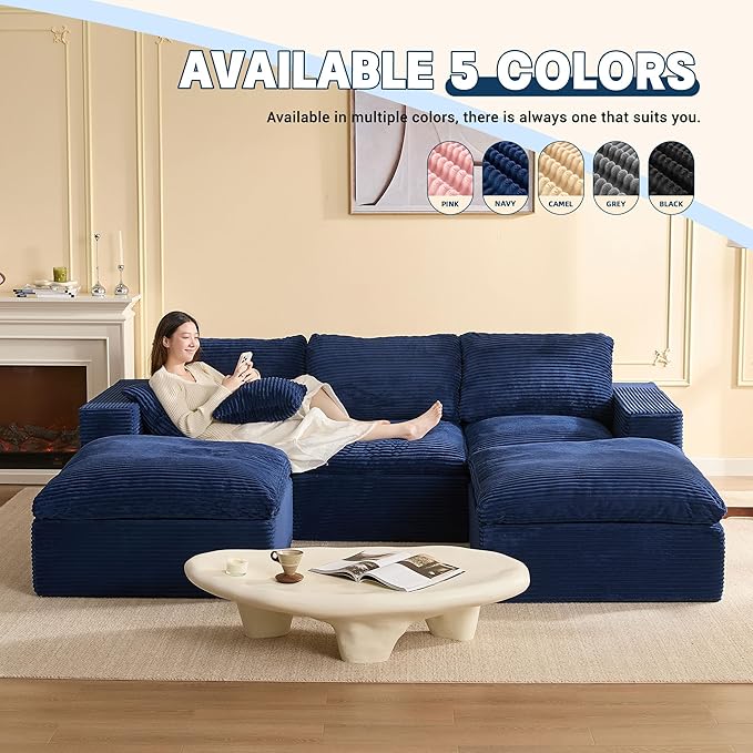 106.3” Sectional Couches for Living Room, Set of Cloud Couch, Modular Sectional Sofa, Convertible Sofas Bed, Deep Seat Sofa, U Shaped Cozy Sofa Furniture Set, Corduroy, Blue