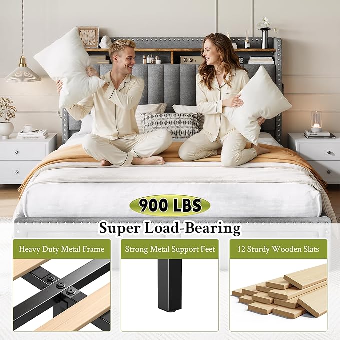 EnHomee Queen Size Bed Frame with 2 Storage Drawers Upholstered Queen Bed Frame with Headboard Solid Wood Slats,No Box Spring Needed,Noise-Free Extra Storage Space for Bedroom Apartment, Grey