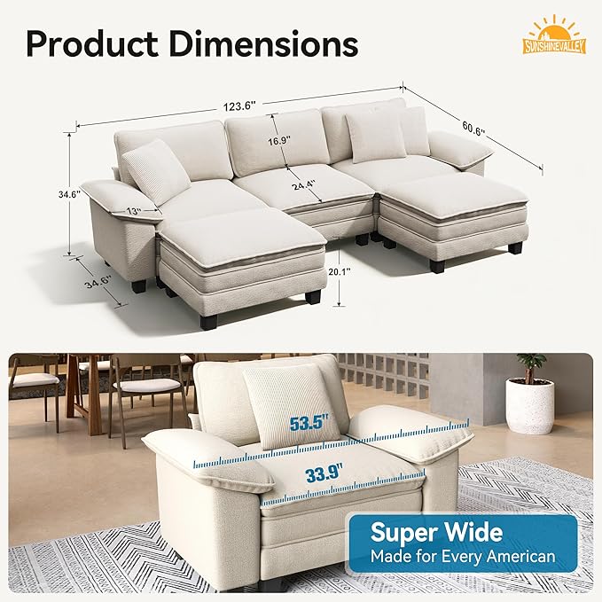 U Shaped Modular Cloud Couch, 123.6'' Comfy Chenille Sectional Sofa with Wider Armrest and Ottoman, Upholstered 5-Seat Modern Deep Seat for Bedroom Living Room, Beige
