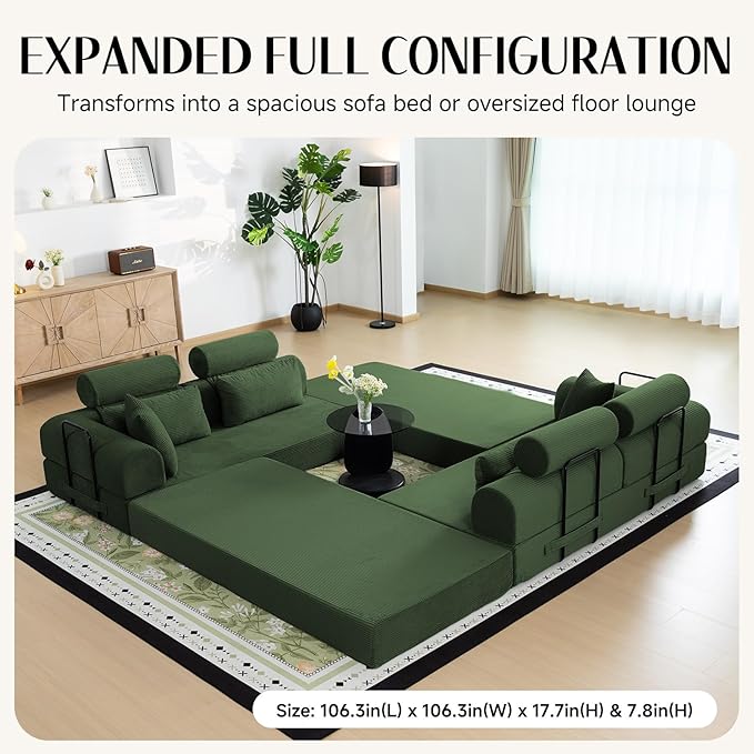 106" L-Shaped Modular Boneless Couch, 2-Piece System (2×70.87"), Convertible Sectional to 141.7" Straight Sofa, Corduroy Couch in a Box, Headrest & Back Pillows for Living Room, Forest Green