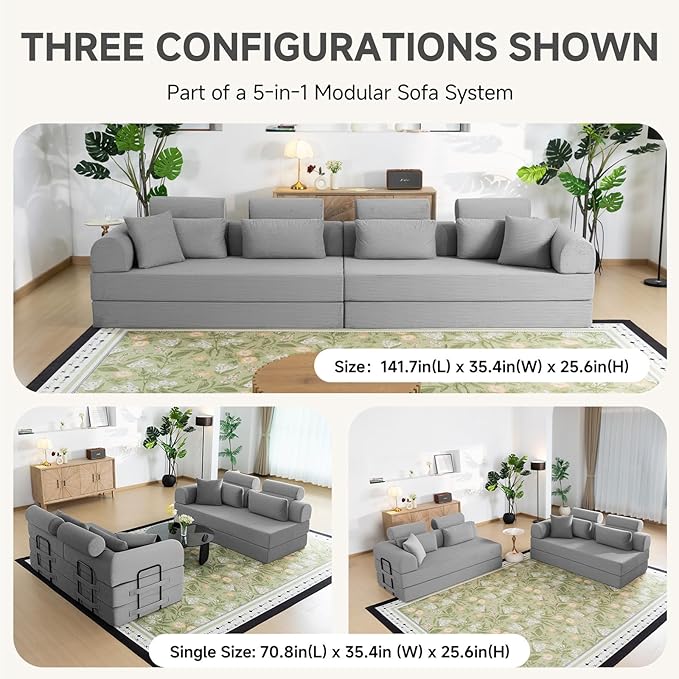 106” L Shaped Boneless Sectional Couch, Two 70.87” Pieces Convert to 141.7” Extra Long Straight Sofa, Corduroy Couch in a Box with Headrest and Back Pillows for Apartment Living Room, Light Grey