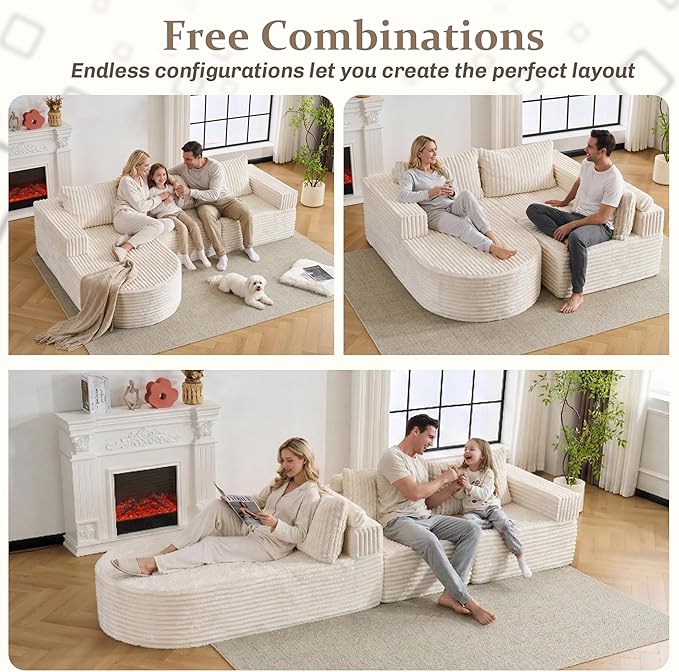 103”Boneless Couches for Living Room, L-Shaped Modular Sectional Sofa with Chaise, Modern Corduroy Cloud Couch with Deep Seat, Comfy Sponge Compression Convertible Sofas