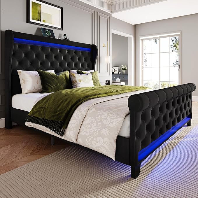 Belffin King Size Bed Frame with Headboard,50" Tall Headboard Upholstered Velvet Platform Bed with LED Lights & 2 USB Port/1 Type C Port, Button Tufted, No Box Spring Needed,Noise Free,Black