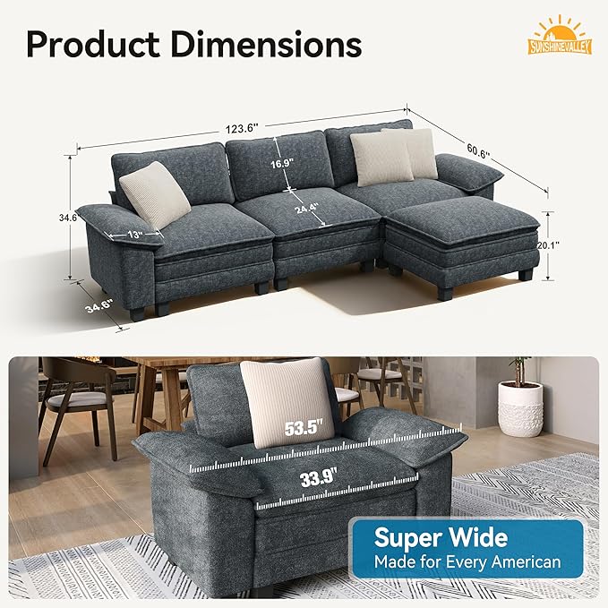 L Shaped Modular Cloud Couch, 123.6'' Comfy Chenille Sectional Sofa with Wider Armrest and Ottoman, Upholstered 4-Seat Modern Deep Seat for Bedroom Living Room, Cyan