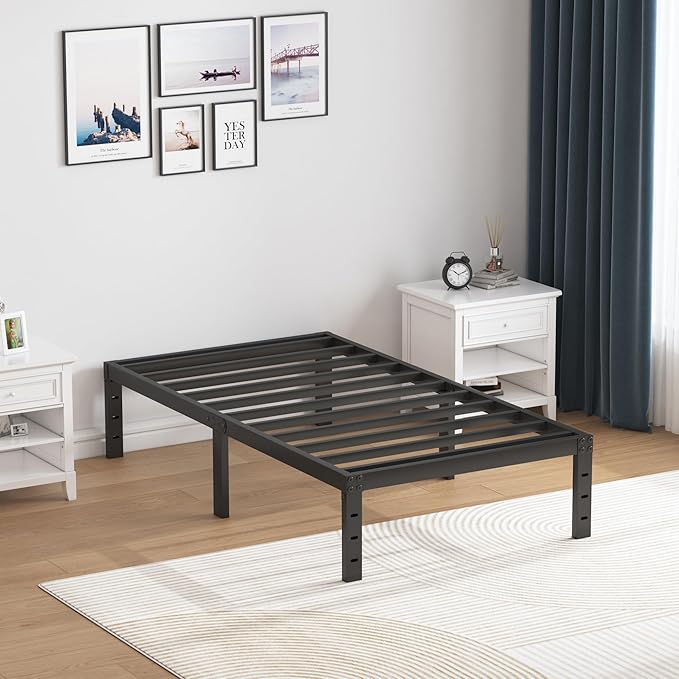 SHLAND Twin Bed Frames, 14 Inch High Metal Platform Bed Frame Mattress Foundation with Steel Slats Support, No Box Spring Needed, No Noise, Easy Assembly
