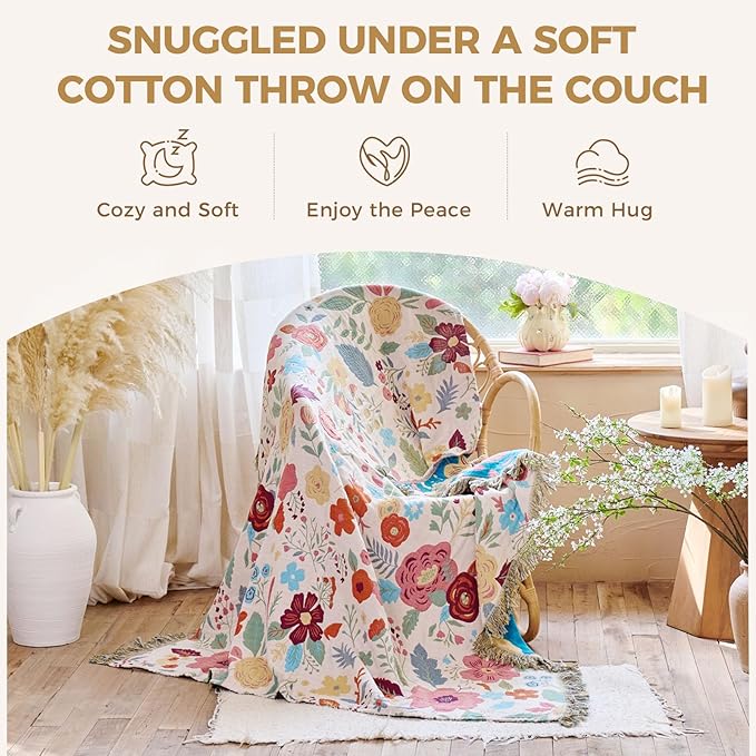 LUTBM Boho Throw Blanket for Couch Sofa Chair Cotton Spring Blankets for Bedroom Living Room All Season Soft Lightweight Reversible Floral Embroidery Throws 50"x60" Bohemian Room Decor