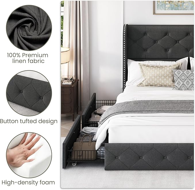LARMACE Full Size Bed Frame with 4 Storage Drawers and 47.2" Tall Wingback Headboard Linen Upholstered Platform Bed Frame Tufted Beds with Wooden Slats Support, Easy Assembly, Dark Grey