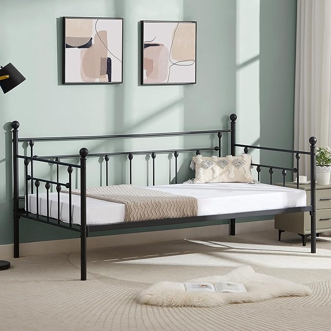 VECELO Daybed Frame, Twin Size Metal Platform Bed with Headboard,Heavy Duty Steel Slats Support for Living Room Bedroom Guest Room, Easy Assembly