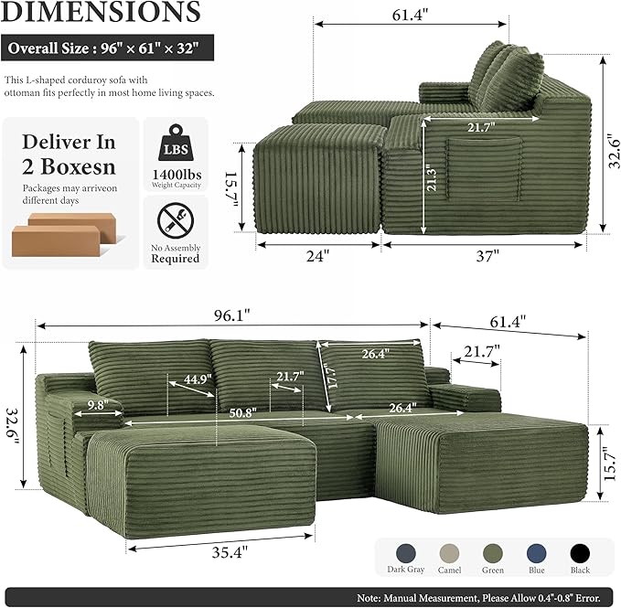 96" Sectional Couches for Living Room Cloud Couch Sofa with L-Shape Upholstered Boneless Couchs Modern Modular Sectional Couch with Chaise (Green, 96" W+Right Facing Chaise+2Seaters+Ottoman)