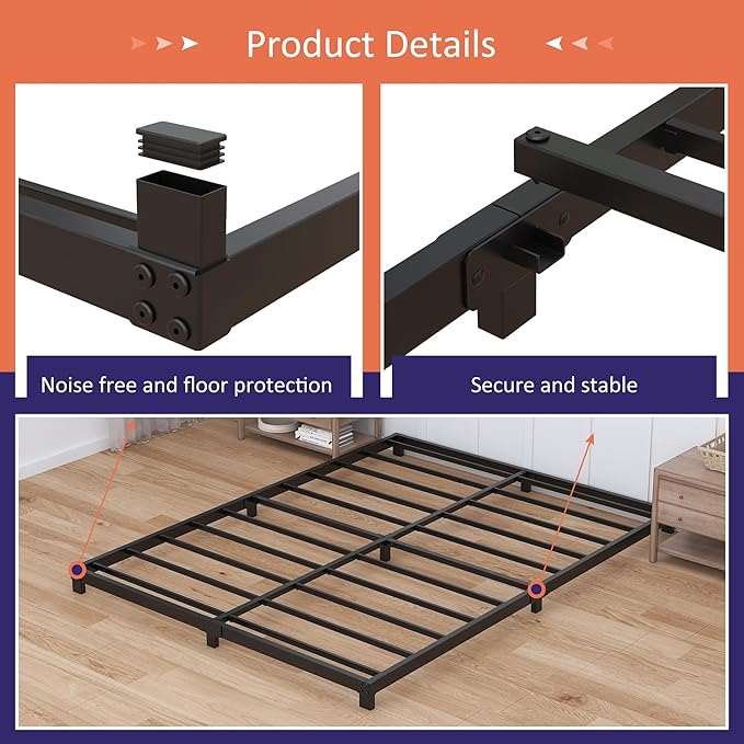 Nailsong 4 Inch Bed Frame Full Low Profile, Full Size Metal Bed Frame No Box Spring Needed, Heavy Duty Metal, Easy Assembly, Black
