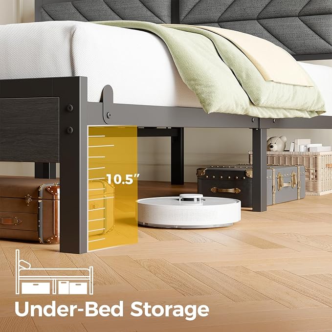 Seventable Full Size Bed Frame with Charging Station & LED Lights, Upholstered Headboard with Storage Shelves, Metal Platform with Under Bed Storage, No Box Spring Needed, Easy Assembly, Dark Grey