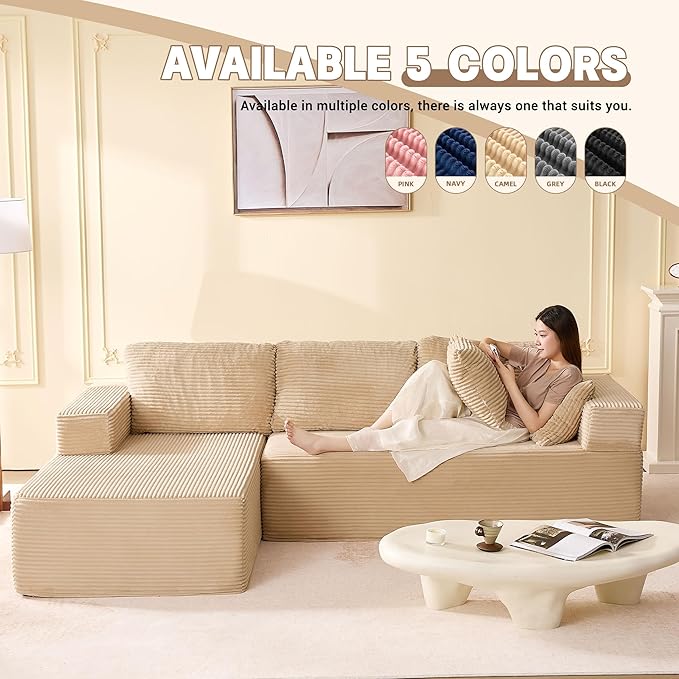 107" Boneless Couch with Deep Seat, Set of Modular Sectional Sofa, Cloud Sectional Couch for Living Room, No Assembly Required, Corduroy, L-Shape Left, Camel