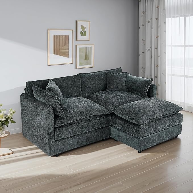 Setawix Deep Loveseat Couch with Ottoman,Large L-Shaped 2 Seater Cloud Couches for Living Room,77.16" Chenille Cloud Sofas with Deep Seat,Modular Sectional 2 Seat Sofa for Bedroom (Grey, 2+1)