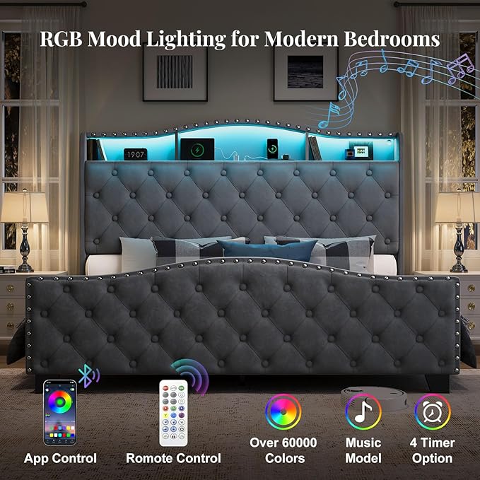 Belffin Queen Size Bed Frame and Headboard, 50.9" Velvet Upholstered Wingback Bedframe with LED Lights & Storage/Charging Station, Button Tufted Tall Footboard, No Box Spring Needed, Noise-Free, Grey