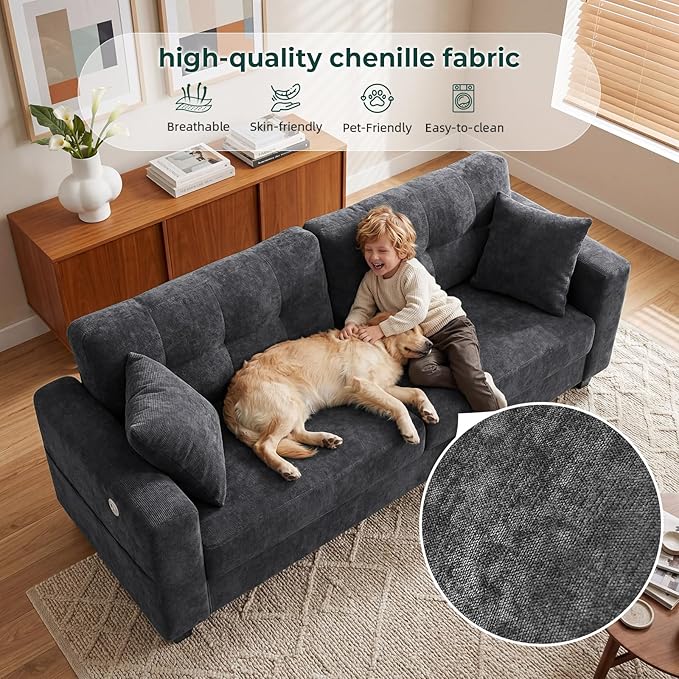 87" Loveseat Sofa for Living Room, Modern Chenille Cloud Couch with USB/Type-C Charging Ports, Side Pockets, Removable Cover, Wide Armrests, Small Couch for Small Space, Easy Assembly, Grey
