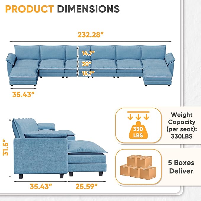 232.28'' Oversized U Shaped Couch, Modular Sectional Sofa with 2 Movable Ottoman, Chenille Cloud Couches with Double Layer Cushion, Thick Cushions Couches for Living Room (Dark Blue, Oversized Sofa)