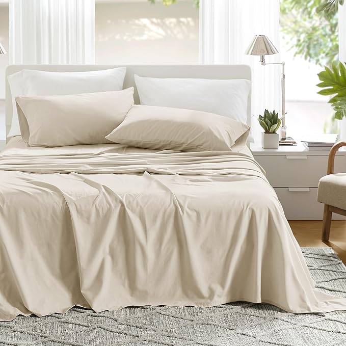 Comfort Spaces 100% Cotton Sheets Twin XL, Breathable & Ultra Soft Cotton Sheets, Naturally Cool Cotton Bed Sheets with 12" Elastic Pocket Fits up to 14" Mattress, All Seasons Sheet Set, Cream 3 Piece